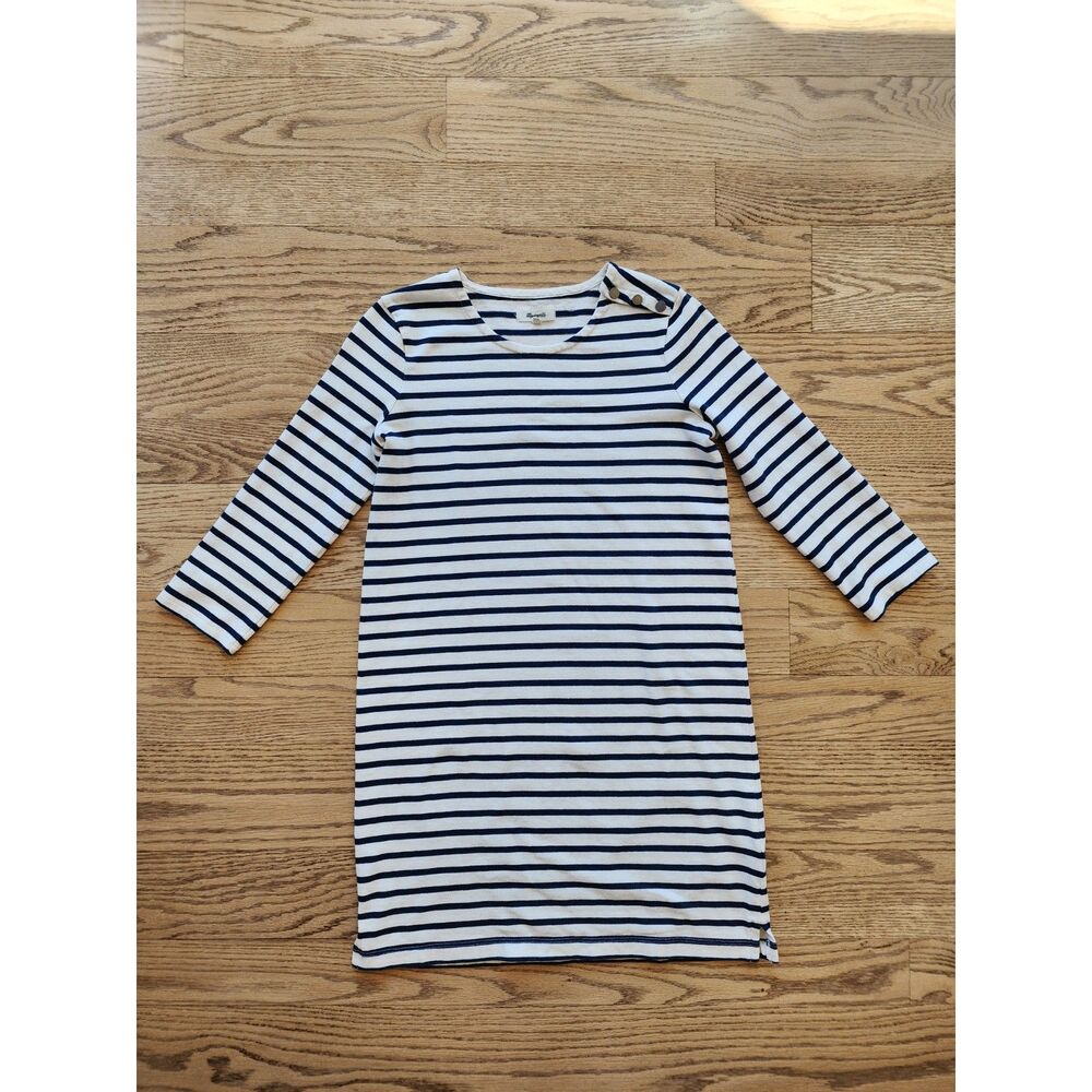 Madewell Womens XS Navy White Striped Knit Dress Button Shoulder 100% Cotton